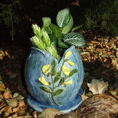 Vibrant Blue Planter with Flowers and Saucer