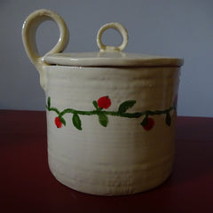 Creamy Lidded Jar with Leaves and Berries