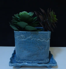Square Blue Gray Planter and Tray